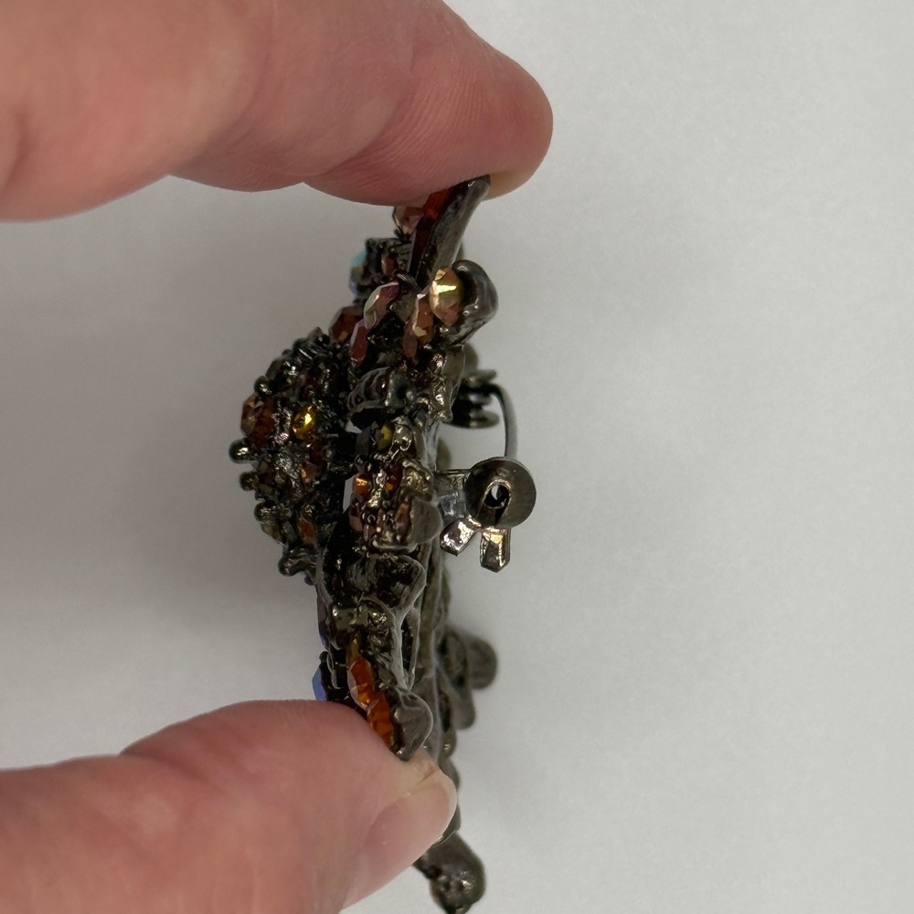 Vintage Amber Topaz Rhinestone Starburst Sparkle Brooch Gunmetal Sunburst Pin - Picture 6 of 10